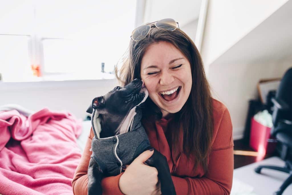 A young woman laughing as her new puppy licks her cheek.